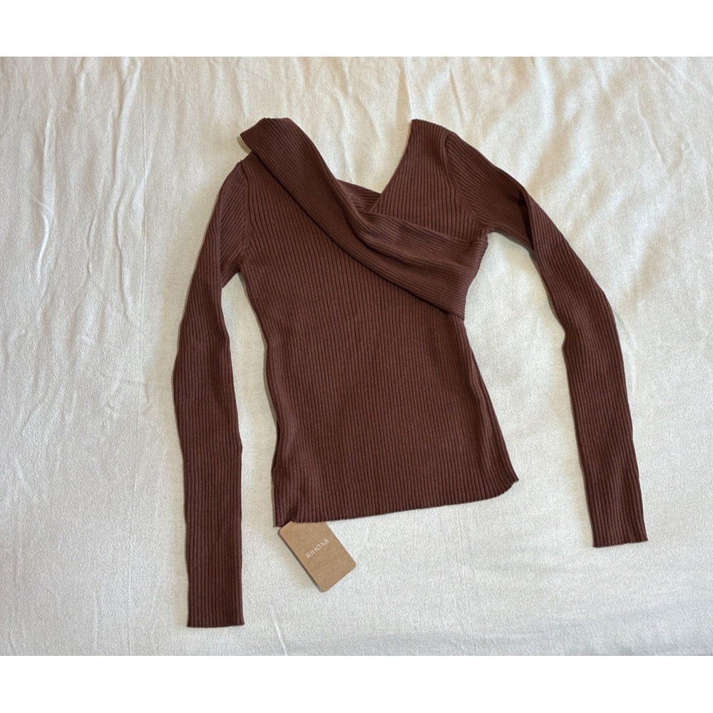 Rihoas Women's Sweater Large Brown Coffee V-neck‎ Ribbed Knit Slim Stretchy Soft